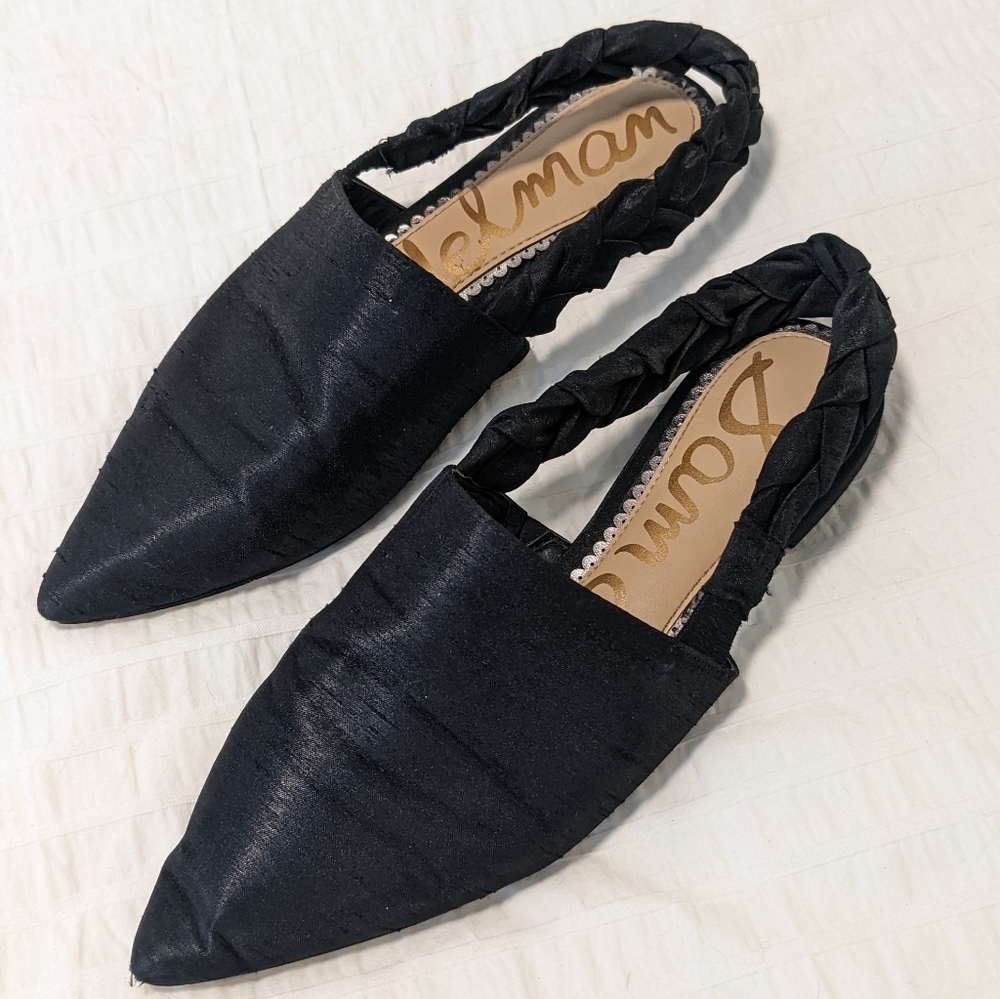 Pointed toe, black Sam Edelman satin loafers/mules in EUC